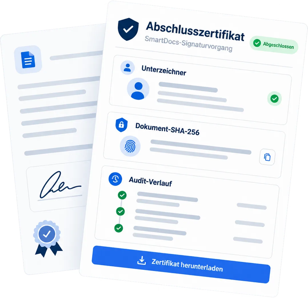 Abschlusszertifikat eines Signaturvorgangs mit Status „Abgeschlossen“, den Unterzeichnenden, dem Dokument-SHA-256 und dem Audit-Verlauf