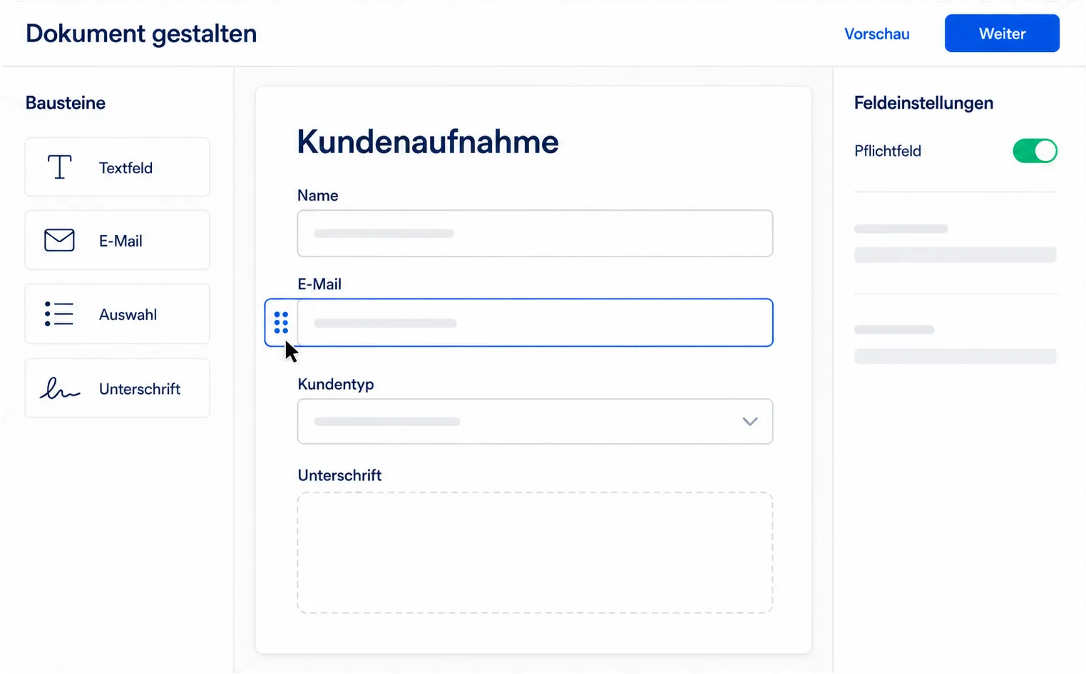Formular-Editor in SmartDocs: links die Bausteine Textfeld, E-Mail, Auswahl und Unterschrift, in der Mitte das Dokument, rechts die Feldeinstellungen mit aktivem Pflichtfeld