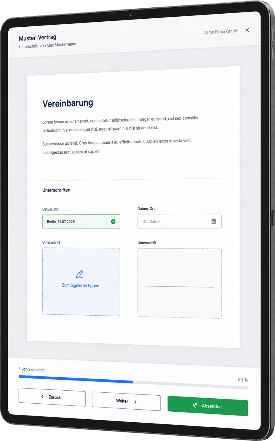 SmartDocs Kiosk-App auf einem Tablet: Vereinbarung mit Datums- und Unterschriftsfeldern für zwei Personen, Fortschritt „1 von 2 erledigt“ und Button „Absenden“
