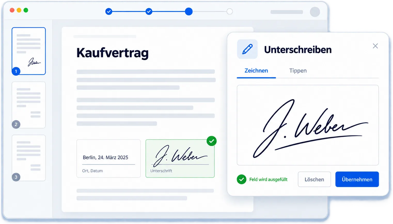 Signaturansicht für Unterzeichnende: der Kaufvertrag mit ausgefülltem Ort-und-Datum-Feld und bestätigter Unterschrift, daneben das Unterschreiben-Fenster mit den Optionen Zeichnen und Tippen