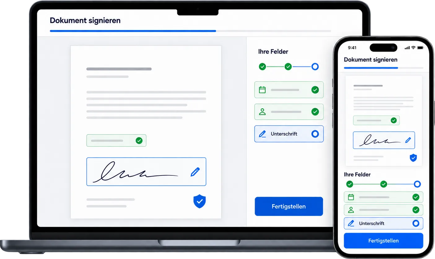 Signaturansicht für Unterzeichnende am Laptop und am Smartphone: das Dokument mit Unterschriftsfeld, daneben die Liste „Ihre Felder“ mit abgehakten Pflichtfeldern und dem Button „Fertigstellen“