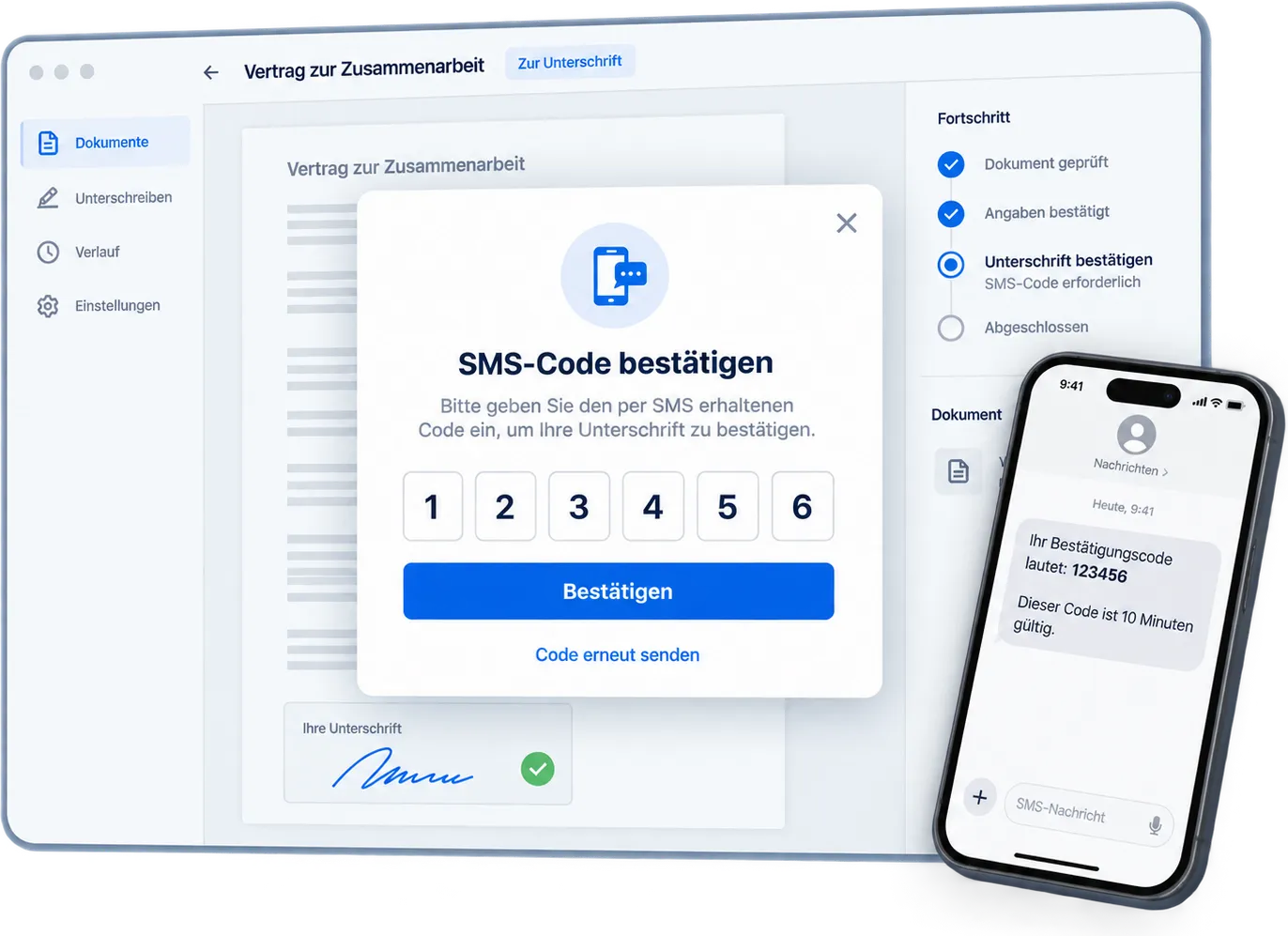 SMS-Code-Bestätigung in SmartDocs: das Fenster mit sechs Ziffernfeldern über dem Vertrag, rechts der Fortschritt von „Dokument geprüft“ bis „Abgeschlossen“, daneben das Smartphone mit der eingegangenen SMS und dem Hinweis, dass der Code 10 Minuten gültig ist