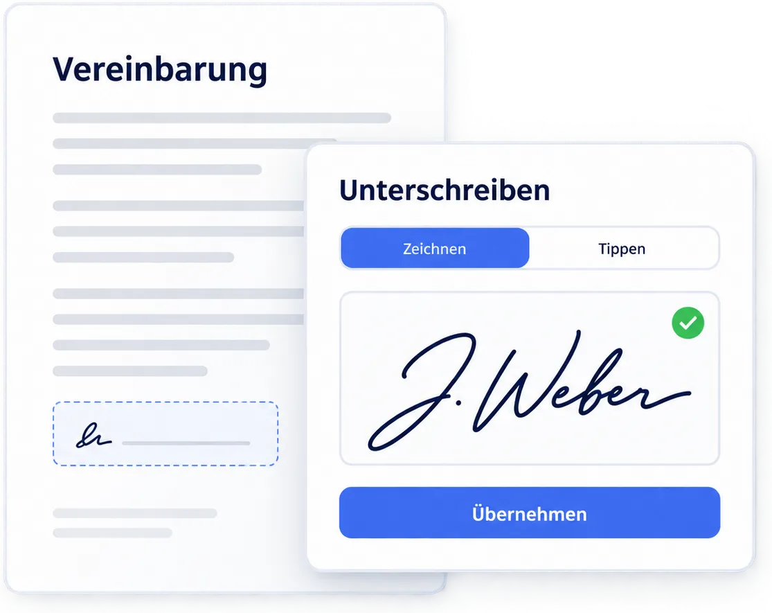 Ein Vertrag mit bestätigtem Signaturfeld, daneben das Unterschreiben-Fenster von SmartDocs